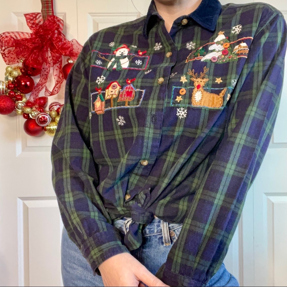 VTG Casey & Max Christmas Holiday Embroidered Plaid Button Down Women's Sz. M